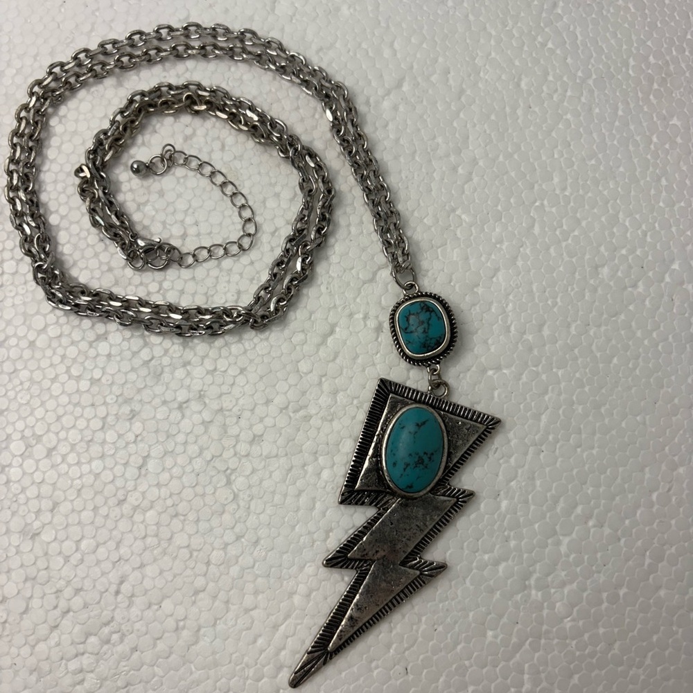 Western Boho Faux Fake Turquoise Lightning Pendant Charm Necklace 20 in